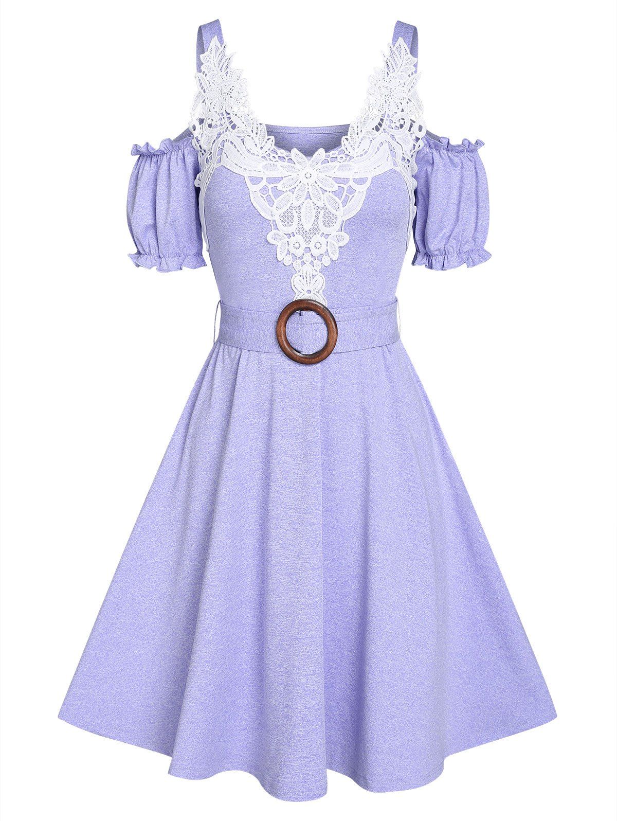 O Ring Flower Lace Cold Shoulder Dress - LIGHT PURPLE M