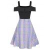 Cold Shoulder Dress Plaid Print A Line Dress Heart Cutout Bowknot Combo Dress - LIGHT PURPLE XXXL