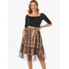 Sheer Lace Overlay Plaid Print Combo Dress Half Sleeve Belted A Line Dress Ruffled Scoop Neck Dress - COFFEE M