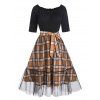 Sheer Lace Overlay Plaid Print Combo Dress Half Sleeve Belted A Line Dress Ruffled Scoop Neck Dress - COFFEE M