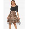 Sheer Lace Overlay Plaid Print Combo Dress Half Sleeve Belted A Line Dress Ruffled Scoop Neck Dress - COFFEE L