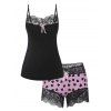 Lace Panel Heart Print Bowknot Pajama Shorts Set - BLACK XXL