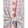 Bowknot Plaid Top And Mock Button Dress - LIGHT PINK M
