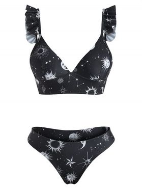 Moon Star Sun Print Lace Up Ruffle Bikini Swimwear