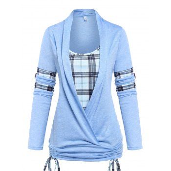 

Plaid Cinched Tie 2 In 1 Ruched Rolled Up Sleeve Twofer T-shirt, Light blue