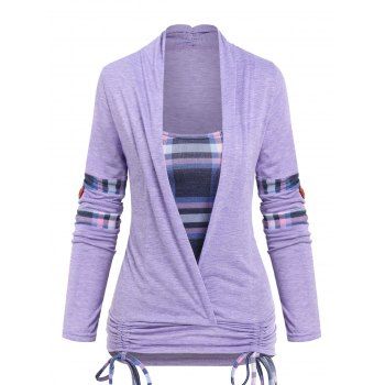 

Plaid Cinched Tie 2 In 1 Ruched Rolled Up Sleeve Twofer T-shirt, Light purple