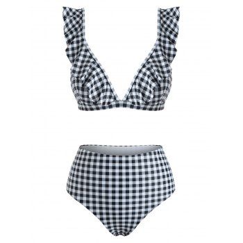 

Gingham Ruffle High Cut Bikini Swimwear, Black