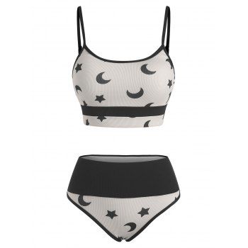 

Gothic Ribbed Bikini Swimsuit Moon Star Colorblock Swimwear Set, White