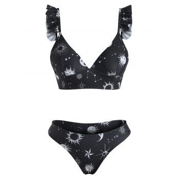 

Moon Star Sun Print Lace Up Ruffle Bikini Swimwear, Black