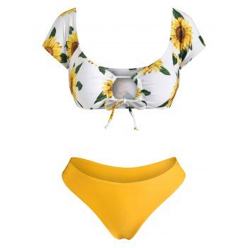 

Bright Sunflower Cheeky Bikini Swimsuit Tied High Leg Swimwear Set, Yellow