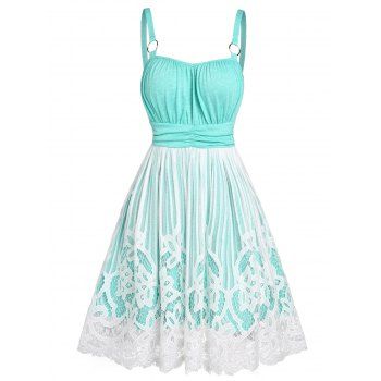 

Ruched O-ring Lace Panel Straps Dress, Light green