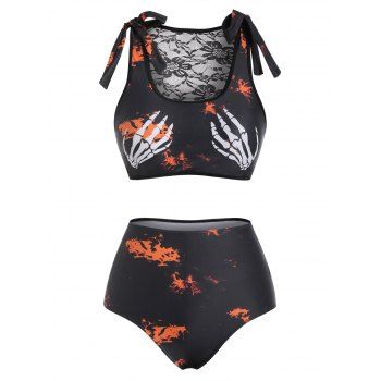 

Skeleton Hand Tie Dye Lace Insert Bowknot Tankini Swimwear, Black