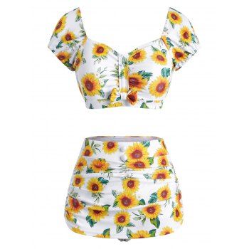 

Sunflower Print Bowknot Mock Button Skirted Two Piece Swimwear, Yellow