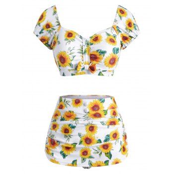 

Beach Tankini Swimsuit Tummy Control Swimwear Sunflower Print Bowknot Mock Button Skirted Two Piece Bathing Suit, Yellow