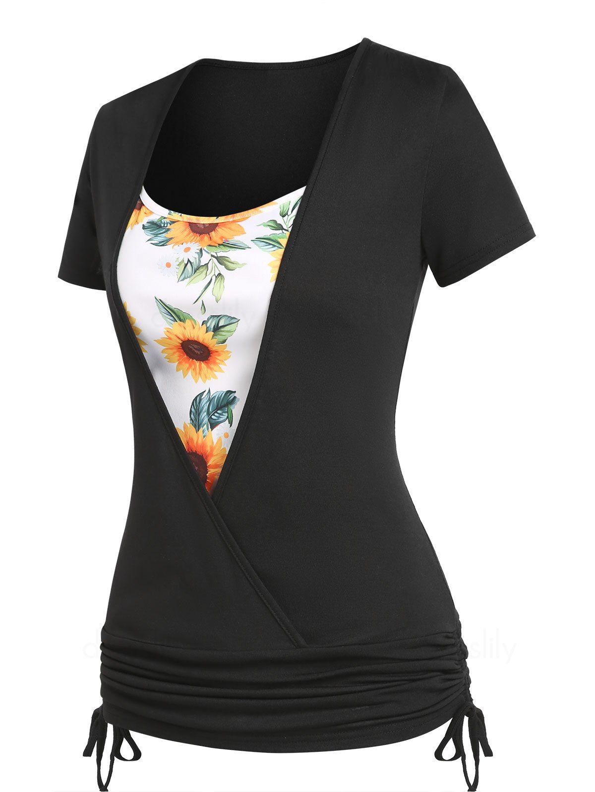 Surplice Tee Cinched Tie Ruched Sunflower Floral Print Faux Twinset T Shirt - BLACK XXXL