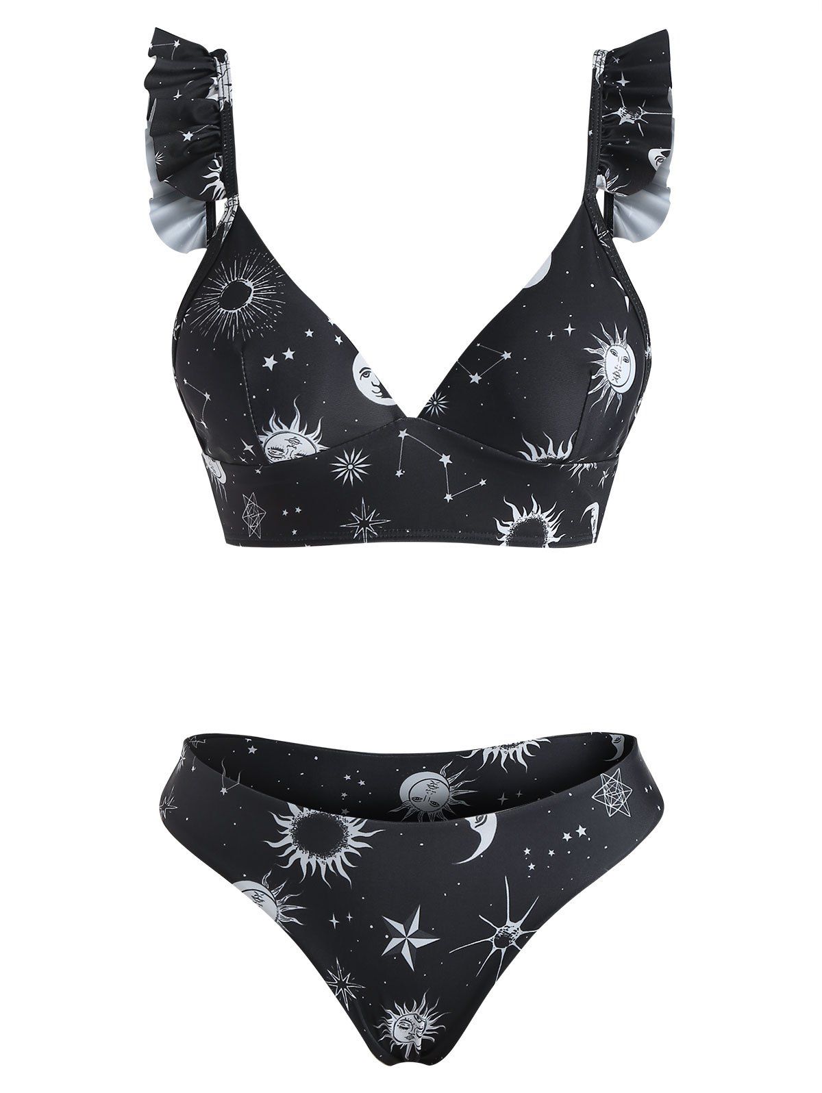 Moon Star Sun Print Lace Up Ruffle Bikini Swimwear - BLACK M