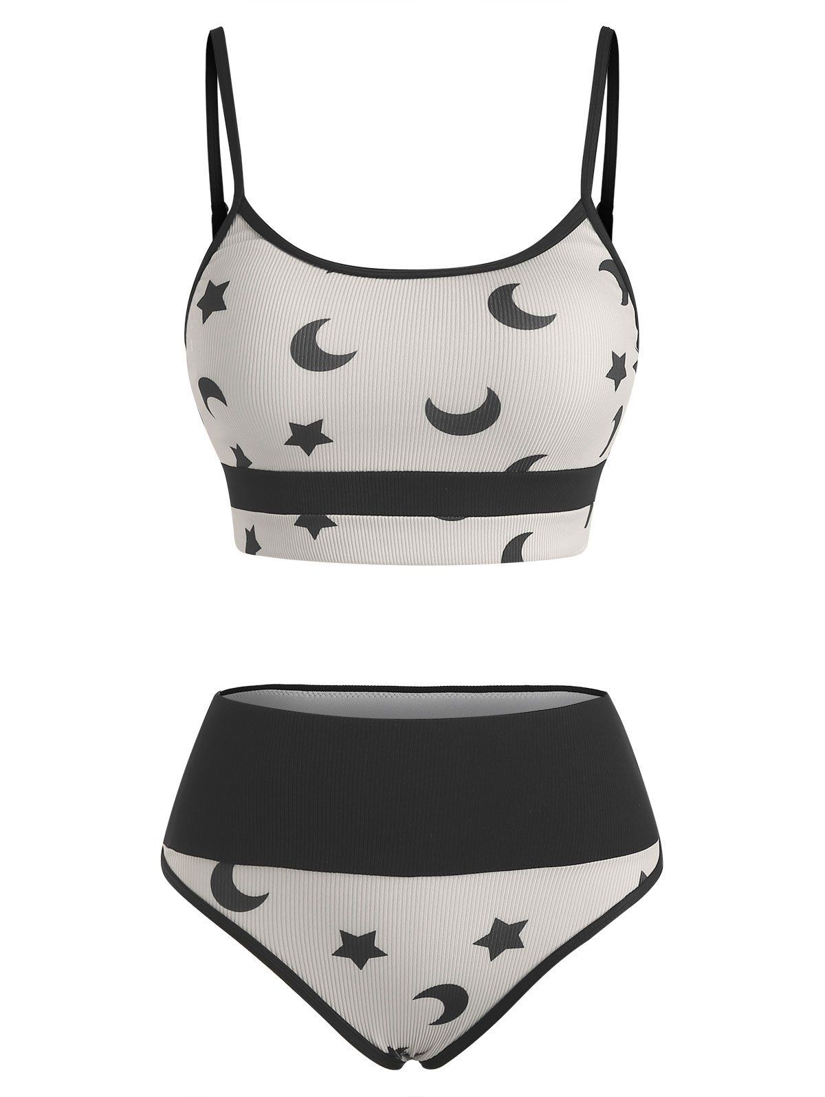 Gothic Ribbed Bikini Swimsuit Moon Star Colorblock Swimwear Set - WHITE S