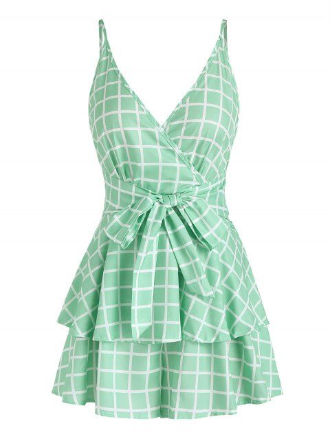 Plaid Belted Overlay Wide Leg Romper