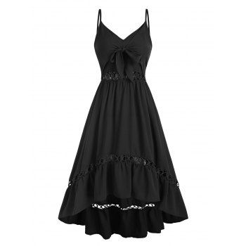

Tied Openwork Flounce High Low Dress, Black