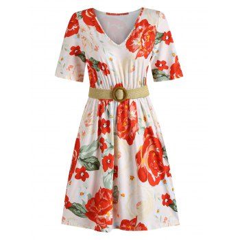 

Flower Print Dress With Belt, Multicolor