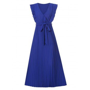 

Vacation Surplice Pintuck Ruffle Belted A Line Pleated Dress, Blue