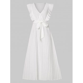 

Vacation Surplice Pintuck Ruffle Belted A Line Pleated Dress, White