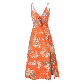 

Floral Print Sundress Tied Cut Out Slit Midi Dress, Multicolor