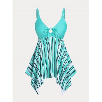 

Plus Size Cinched Striped Handkerchief Tankini Swimwear, Light blue