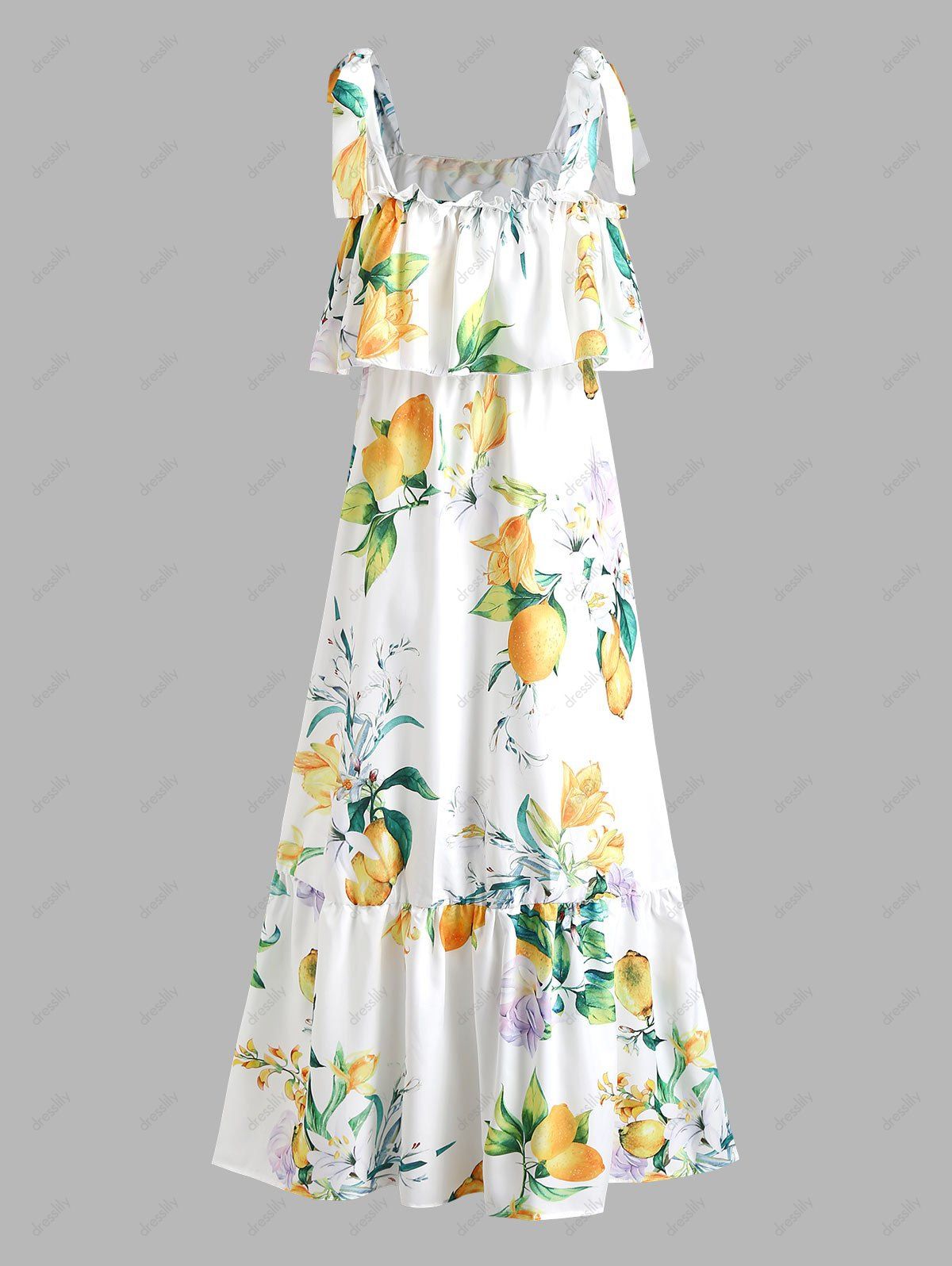 Vacation Sundress Lemon Print High Slit Tie Shoulder Summer Long Maix Dress 
