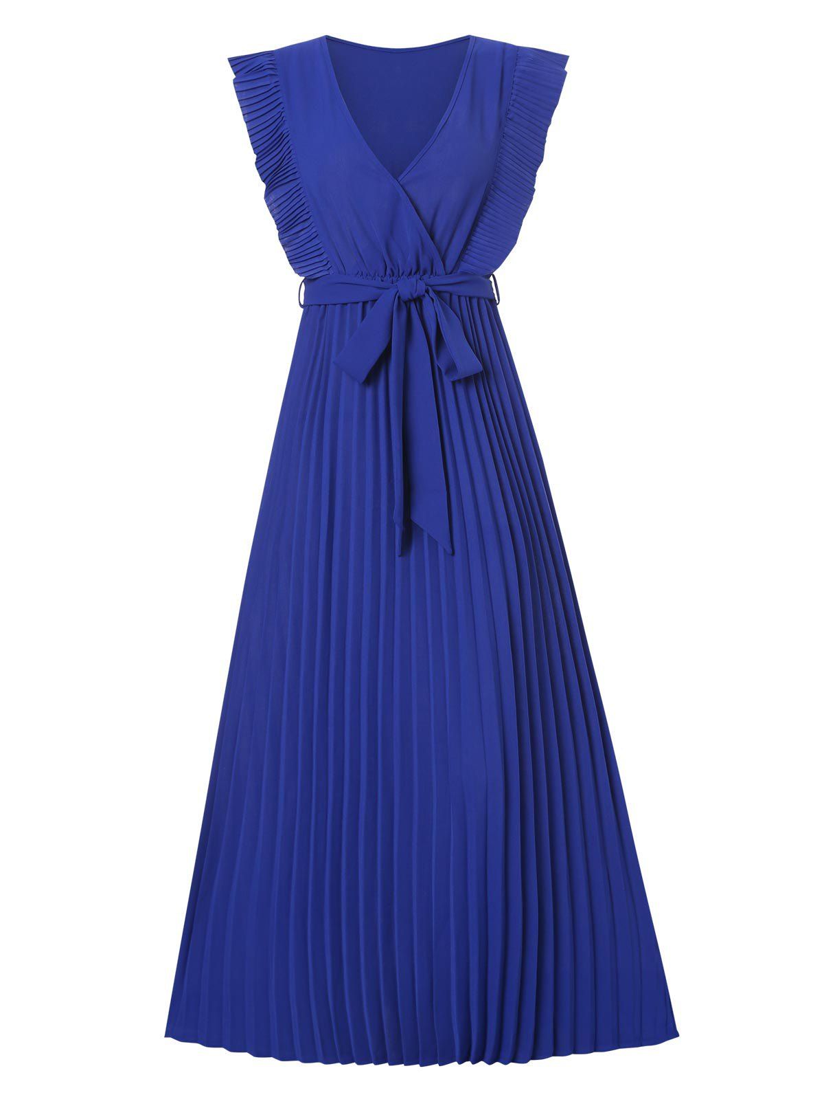 Vacation Surplice Pintuck Ruffle Belted A Line Pleated Dress - BLUE L
