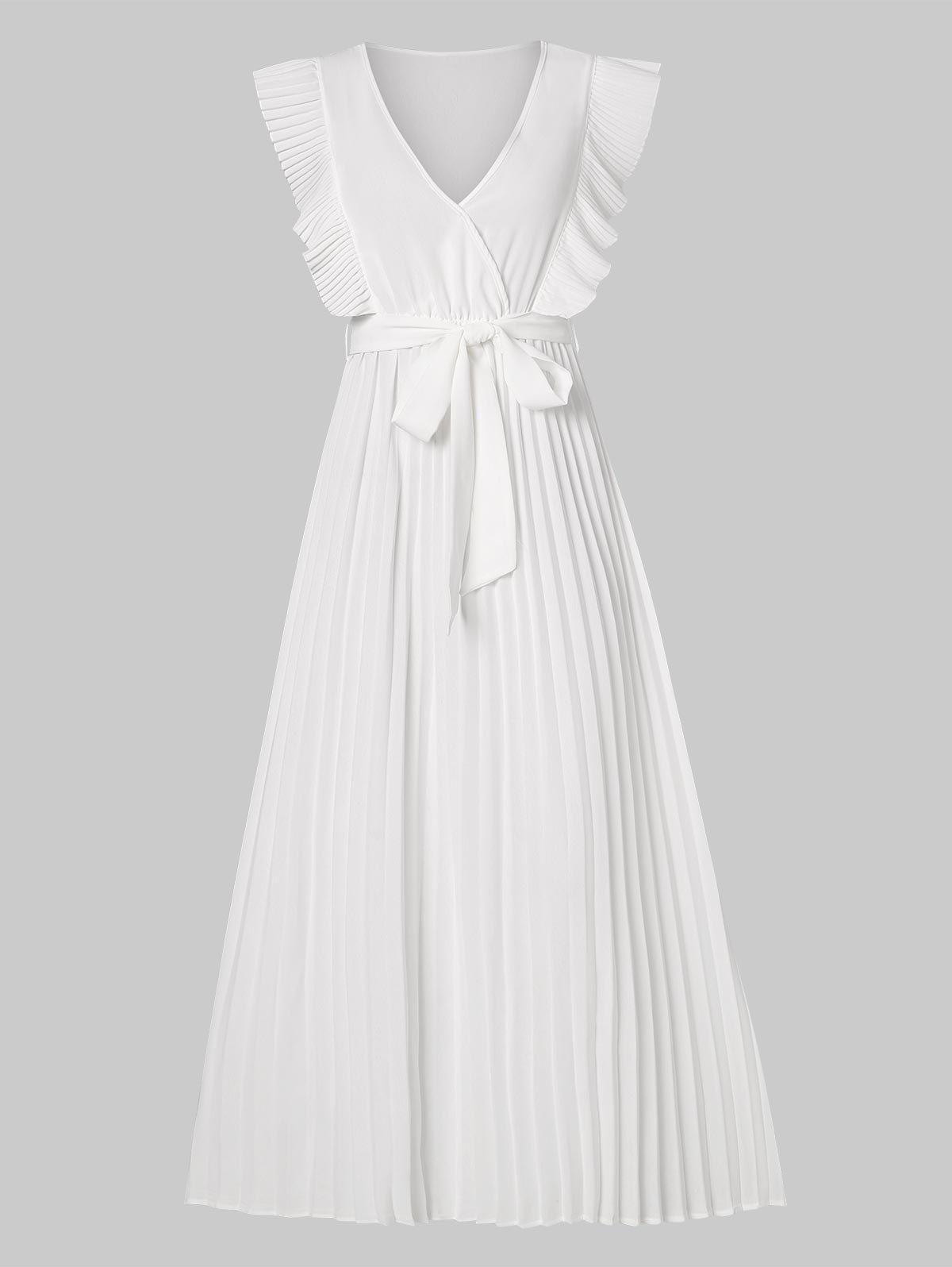 Vacation Surplice Pintuck Ruffle Belted A Line Pleated Dress - WHITE XL