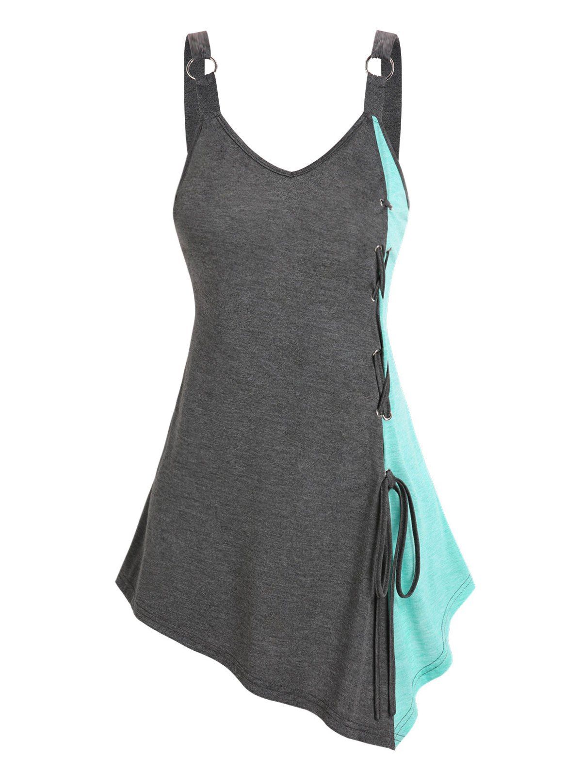 Lace Up O-ring Two Tone Tunic Tank Top - DARK GRAY M