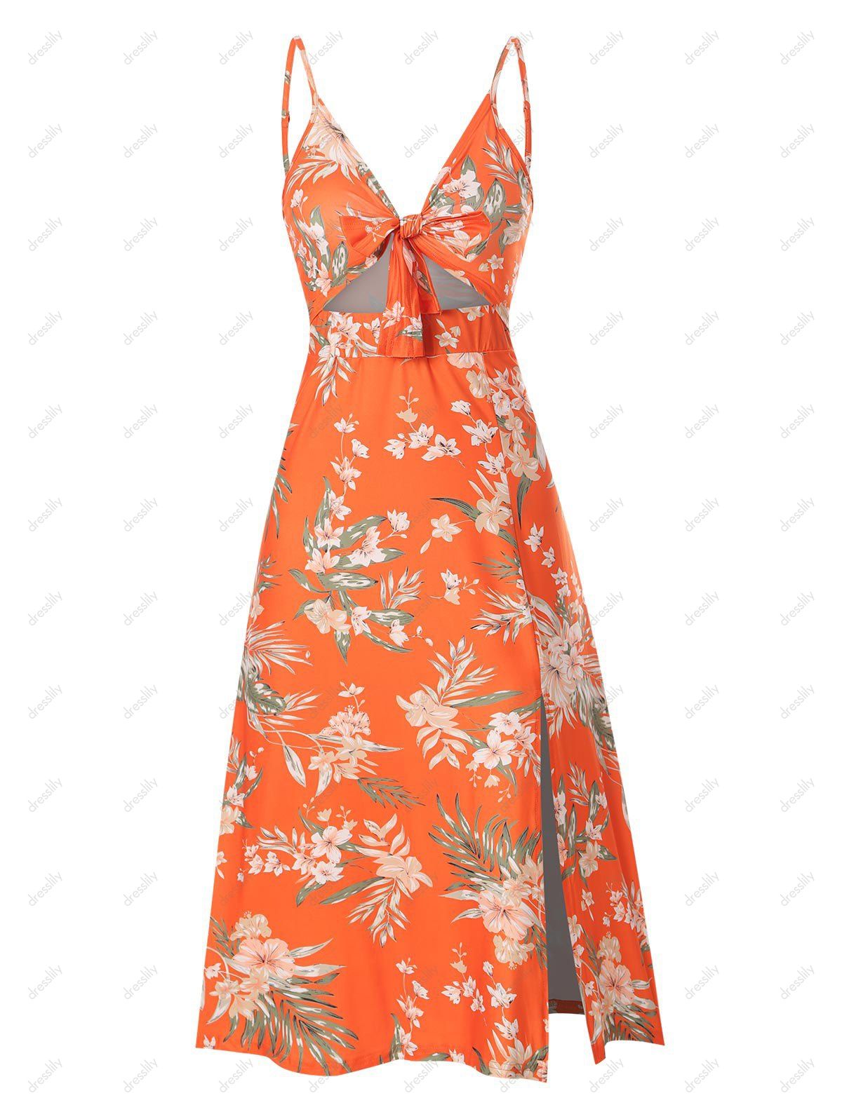Floral Print Sundress Tied Cut Out Slit Midi Dress 