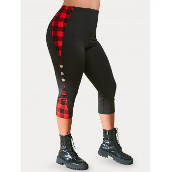 

Plus Size Plaid Panel Buttoned Cropped Leggings, Black