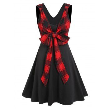 

Multi Way Plaid Bowknot A Line Dress, Black