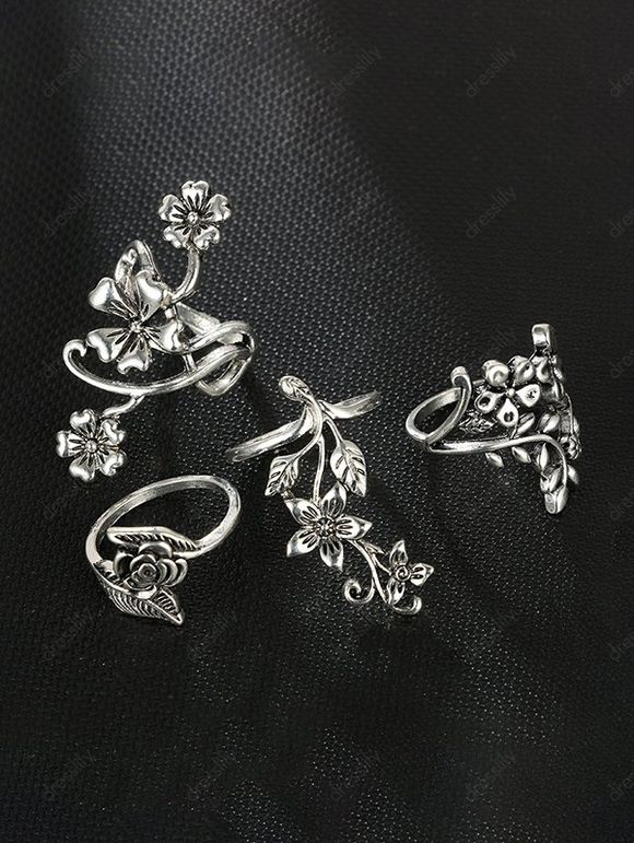 4 Pièces Ensemble de Bague Rétro Fleur - Argent 