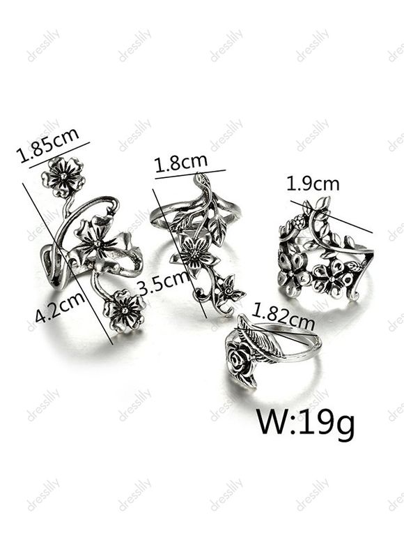 4 Pièces Ensemble de Bague Rétro Fleur - Argent 