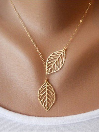 Hollow Out Two Leaves Pendant Necklace - GOLDEN 
