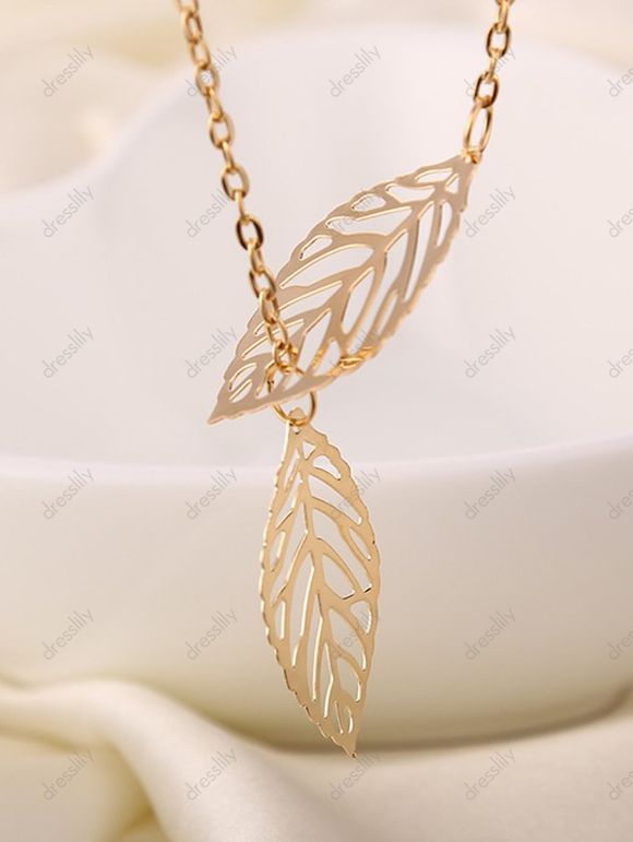Collier avec Pendentif Deux Feuilles à Sculpture Creuse - d'or 