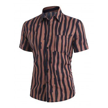 

Striped Patterned Casual Pocket Shirt, Deep coffee