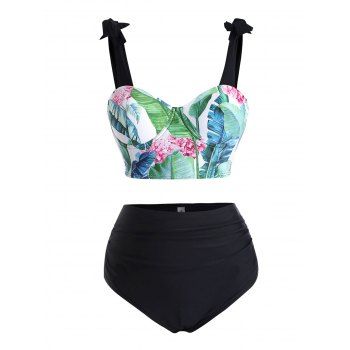 

Tropical Leaf Flower Print Bowknot Padded Tankini Swimsuit, Green