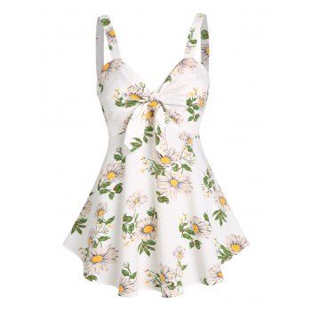 

Knotted Flower Print Skirted Tank Top, White