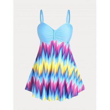 

Colorblock Geometric Padded Plus Size Modest Tankini Swimwear, Light blue