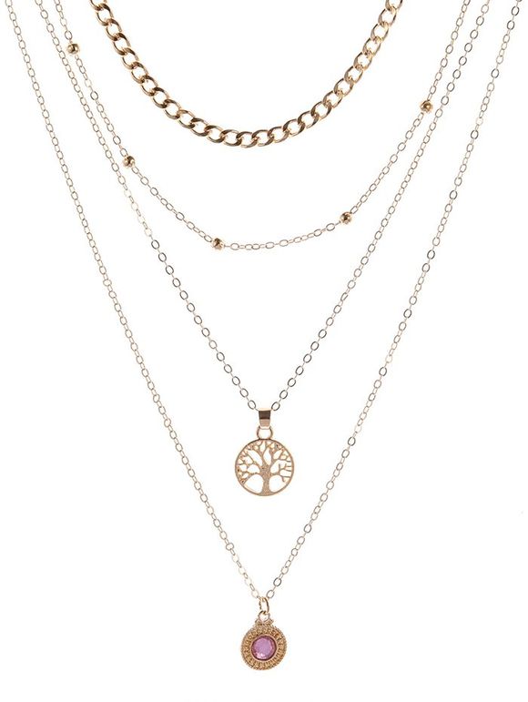 Tree Round Shape Layered Chain Pendant Necklace - GOLDEN 