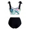 Tropical Leaf Flower Print Bowknot Padded Tankini Swimsuit - GREEN L