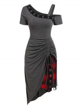 Gothic Skew Collar Cold Shoulder Asymmetric Eyelet Buckle Cinched Dress And Plaid Skirt Set