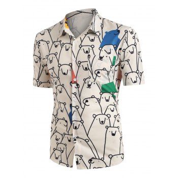 

Cartoon Bear Print Casual Shirt, Light yellow