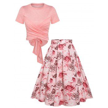 

Cross Wrap Bowknot Heathered Top and Butterfly Rose Flower Pleated Skirt Outfit, Light pink