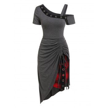 Asymmetric Eyelet Buckle Cinched Dress And Plaid Skirt Set