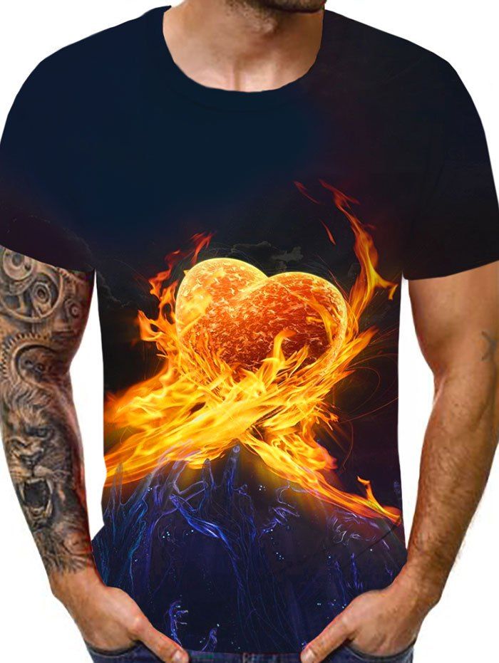 T-shirt à Imprimé Cœur Flamme à Manches Courtes - multicolor 3XL